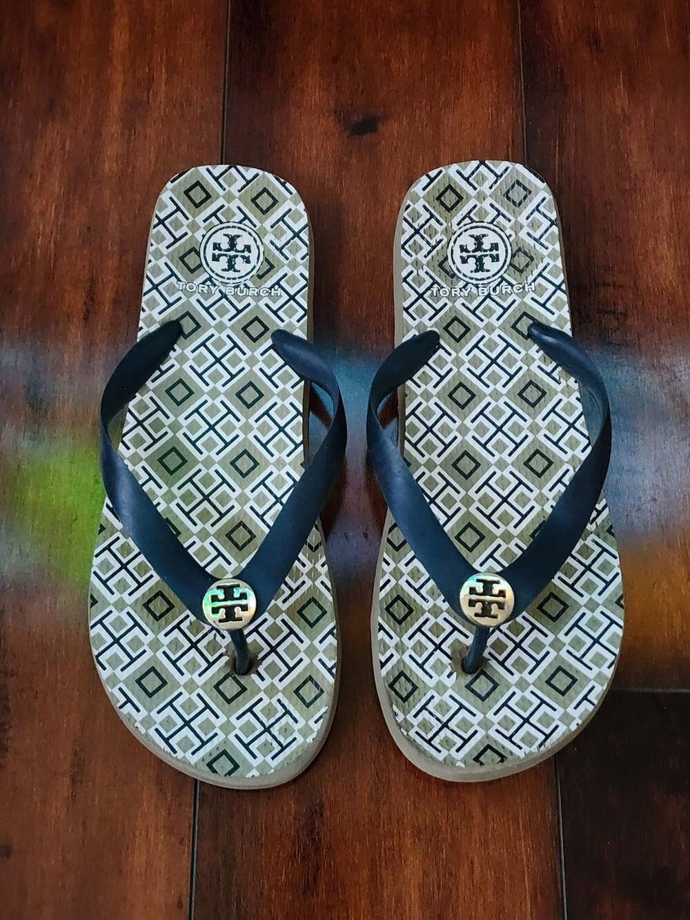 Tory Burch Geometric Print Flip Flops Navy Blue Tan White Women's Size 9